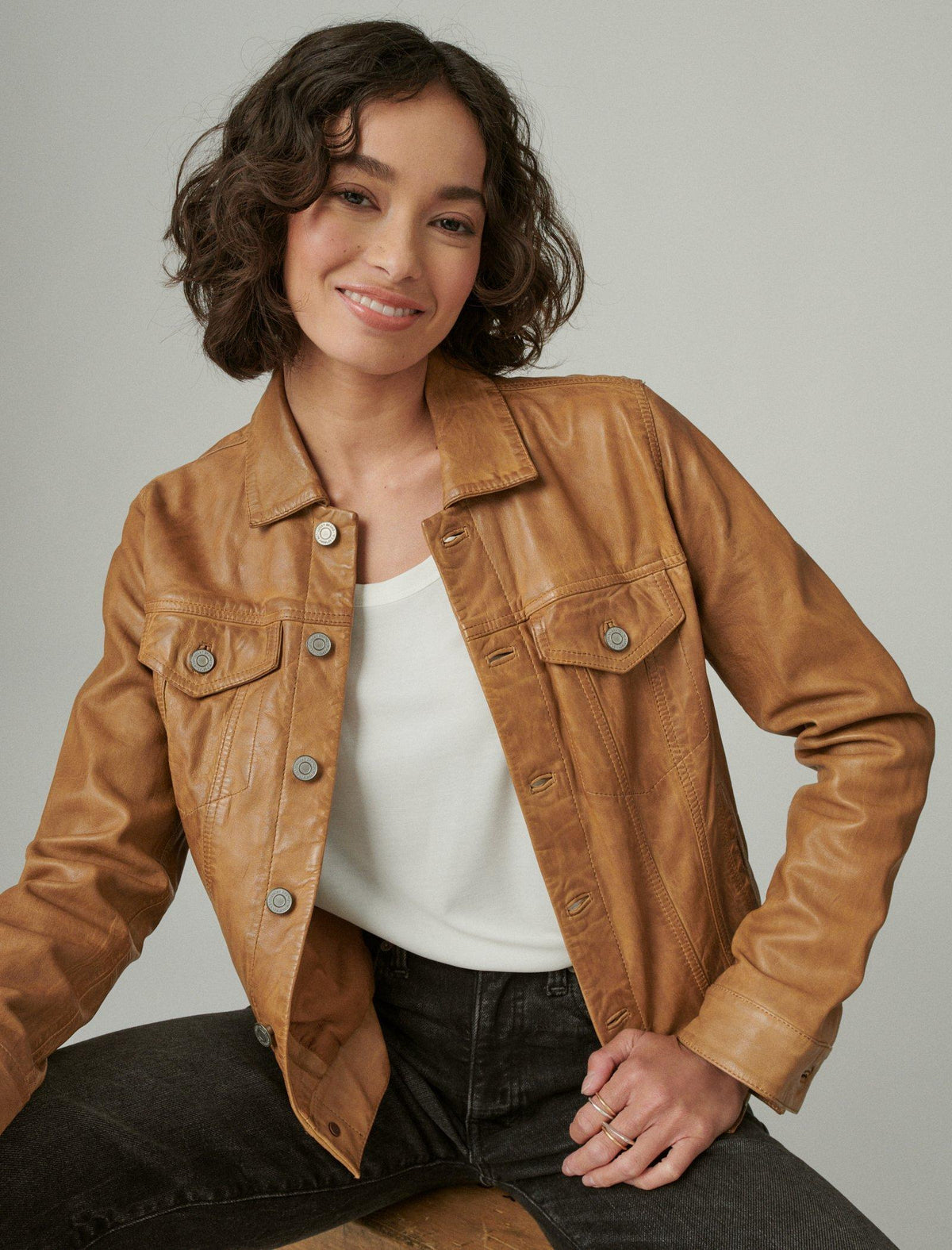 Lucky Brand Leather Trucker Jacket Cognac