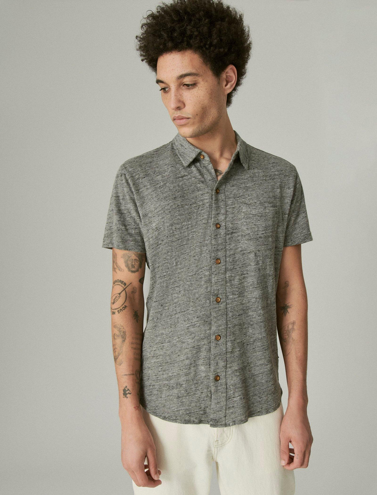 Lucky Brand Linen Button Up Shirt - Men's Clothing Outerwear Shirt Jackets Heather Grey