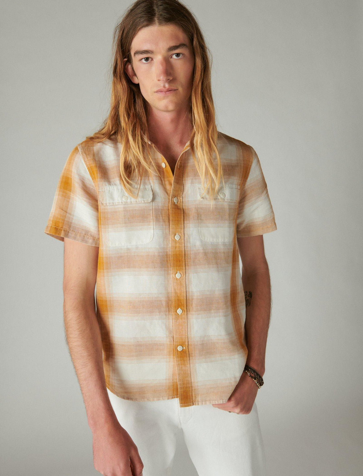 Lucky Brand Linen Plaid Short Sleeve Utility Shirt Gold Plaid