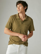 Lucky Brand Linen Short Sleeve Johnny Collar Polo Dark Olive