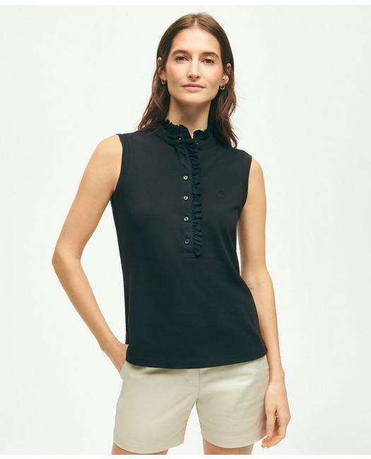 Brooks Brothers Women's Supima Cotton Ruffle Pique Polo Shirt Black