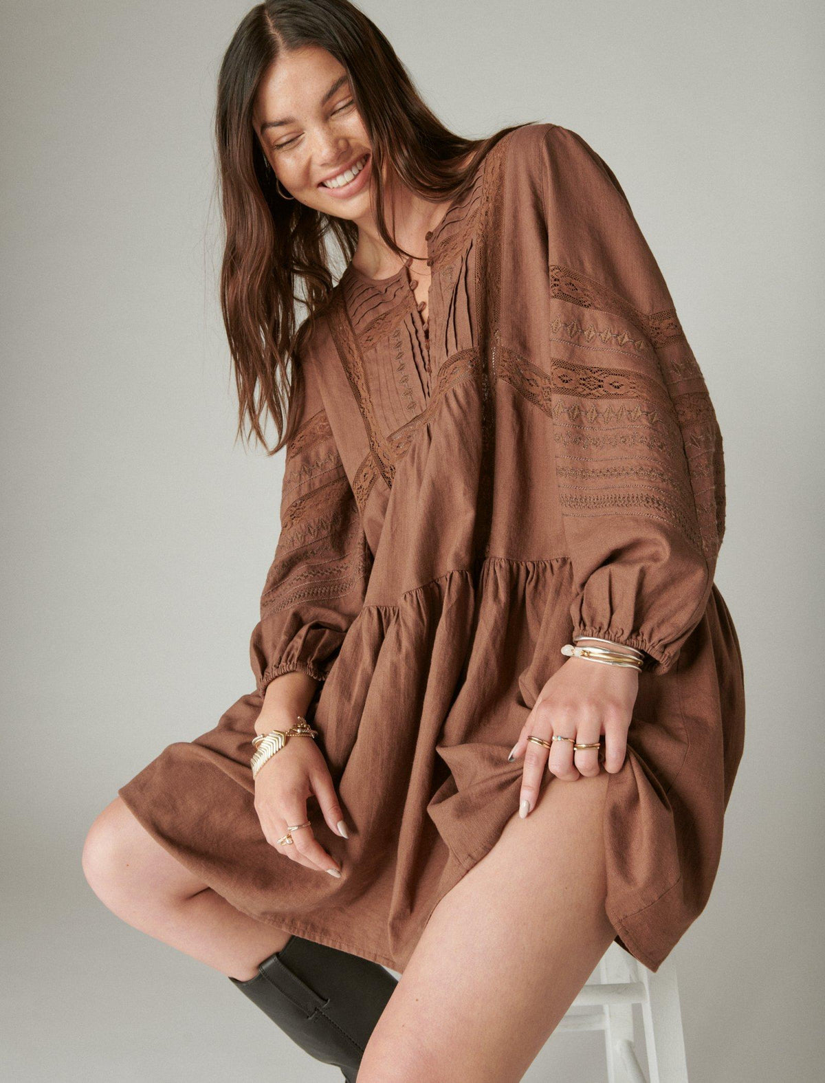 Lucky Brand Long Sleeve Embroidered Mini Dress Pinecone