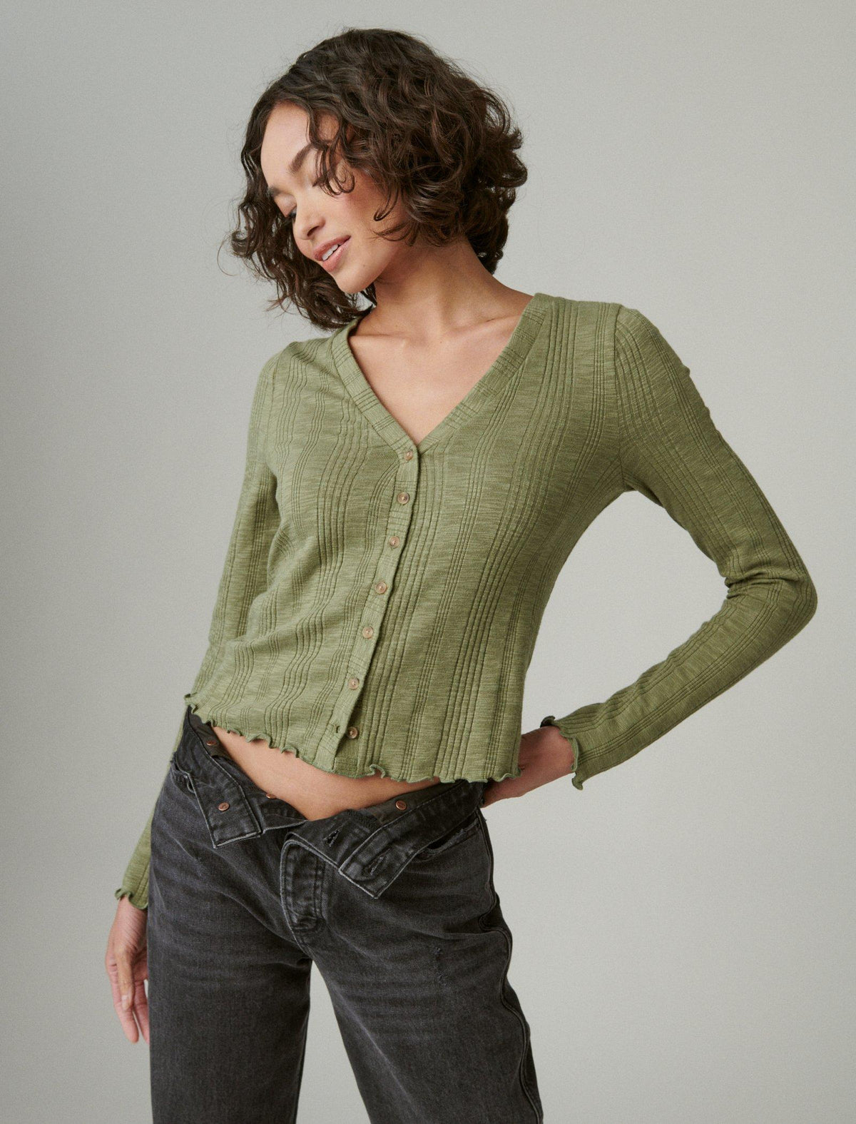 Lucky Brand Long Sleeve Knit Cardi Top Deep Lichen Green