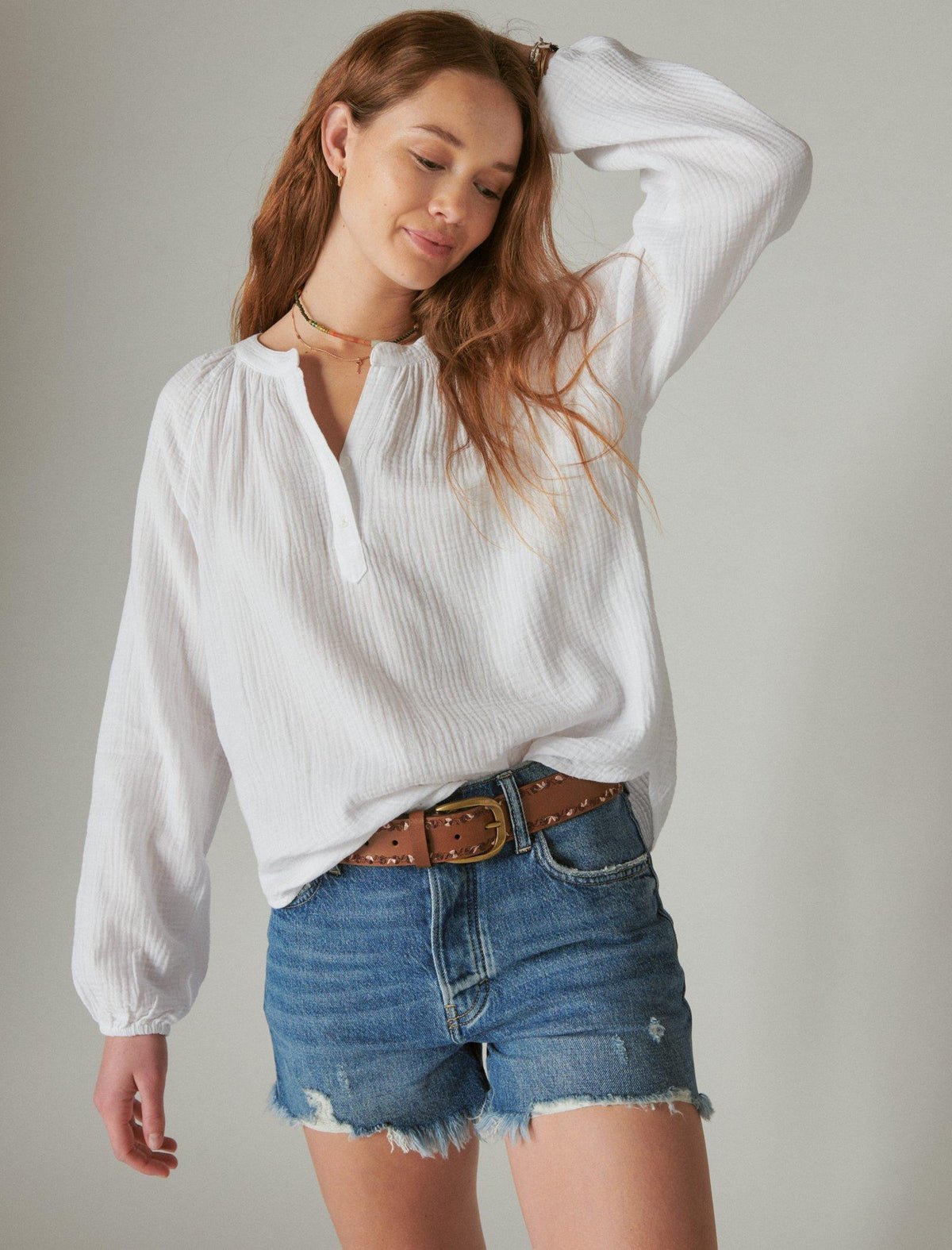 Lucky Brand Long Sleeve Open Neck Shirt - Women's Clothing Button Down Tops Shirts White