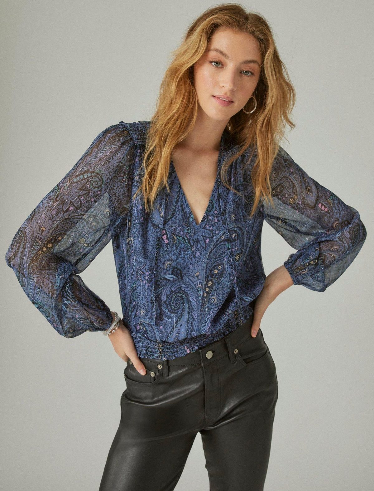 Lucky Brand Long Sleeve Paisley Bubble Hem Blouse Indigo Multi