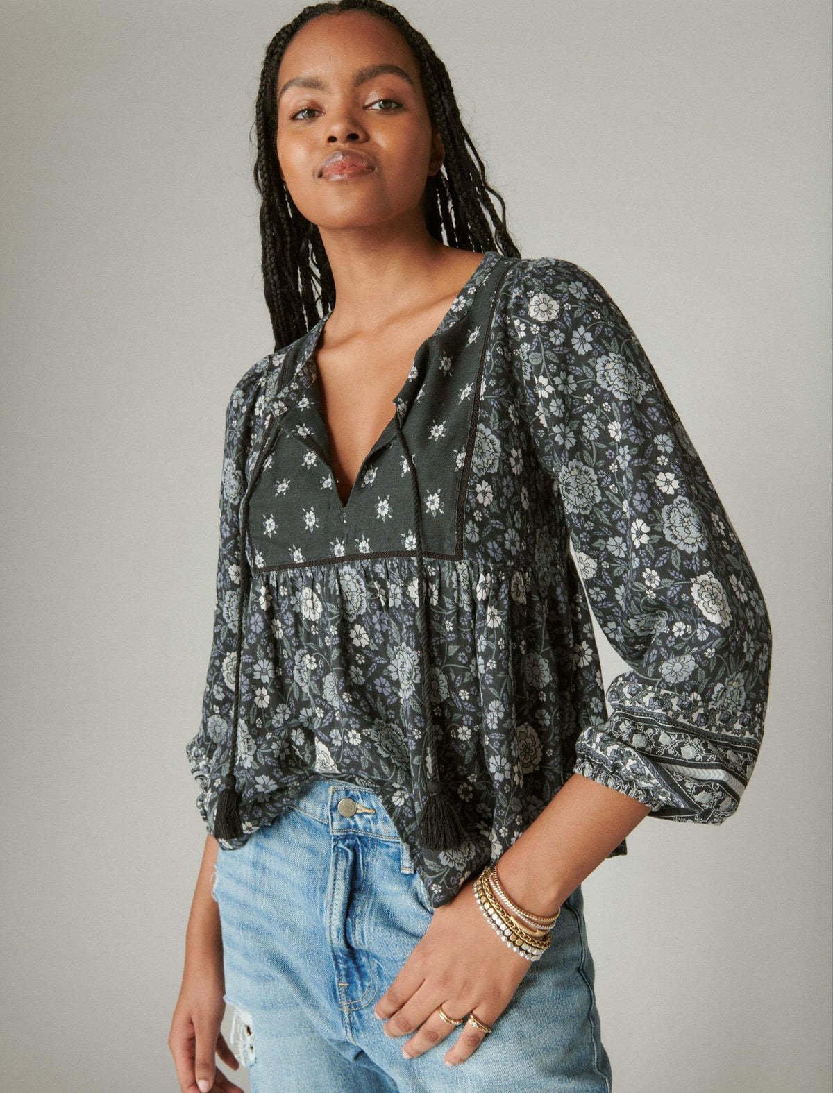 Lucky Brand Long Sleeve Peasant Blouse - Women's Clothing Peasant Tops Shirts Pavement Multi