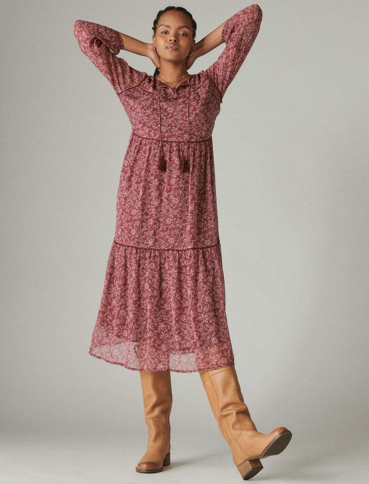 Lucky Brand Long Sleeve Peasant Tiered Maxi Dress - Women's Clothing Dresses Maxi Dress Burgundy Multi