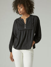 Lucky Brand Long Sleeve Pintuck Yoke Top Jet Black