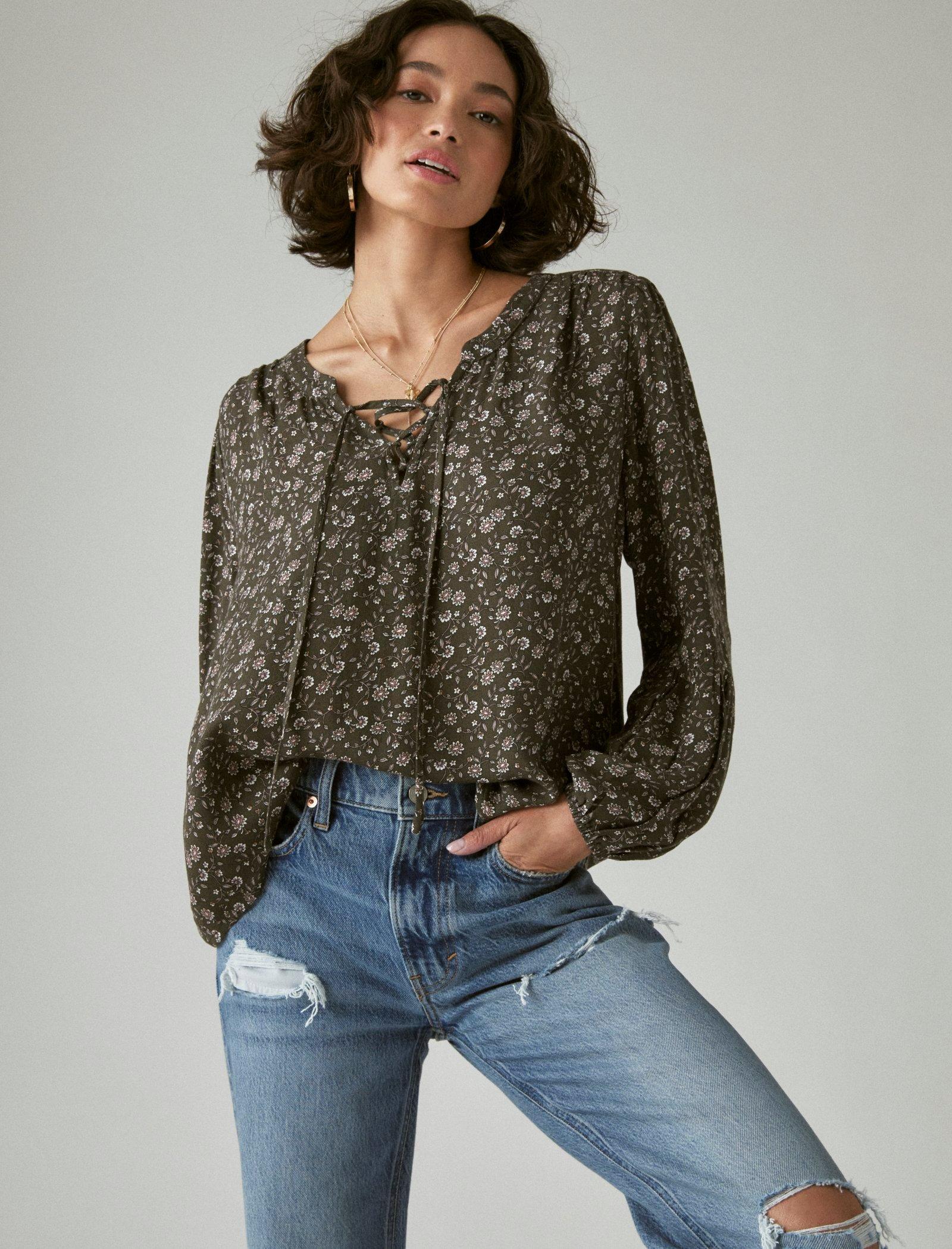 Lucky Brand Long Sleeve Printed Lace Up Blouse Black Multi