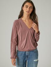 Lucky Brand Long Sleeve Sandwash Wrap Top Crushed Berry