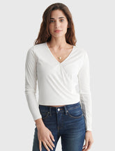 Lucky Brand Long Sleeve Surplice Rib-Knit Top Marshmallow