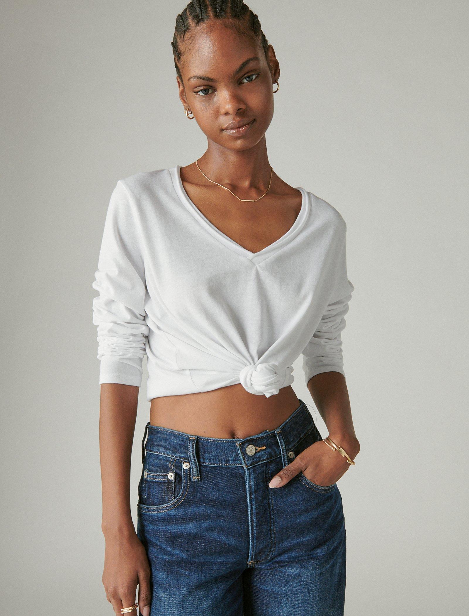 Lucky Brand Long Sleeve V Neck Tee Bright White