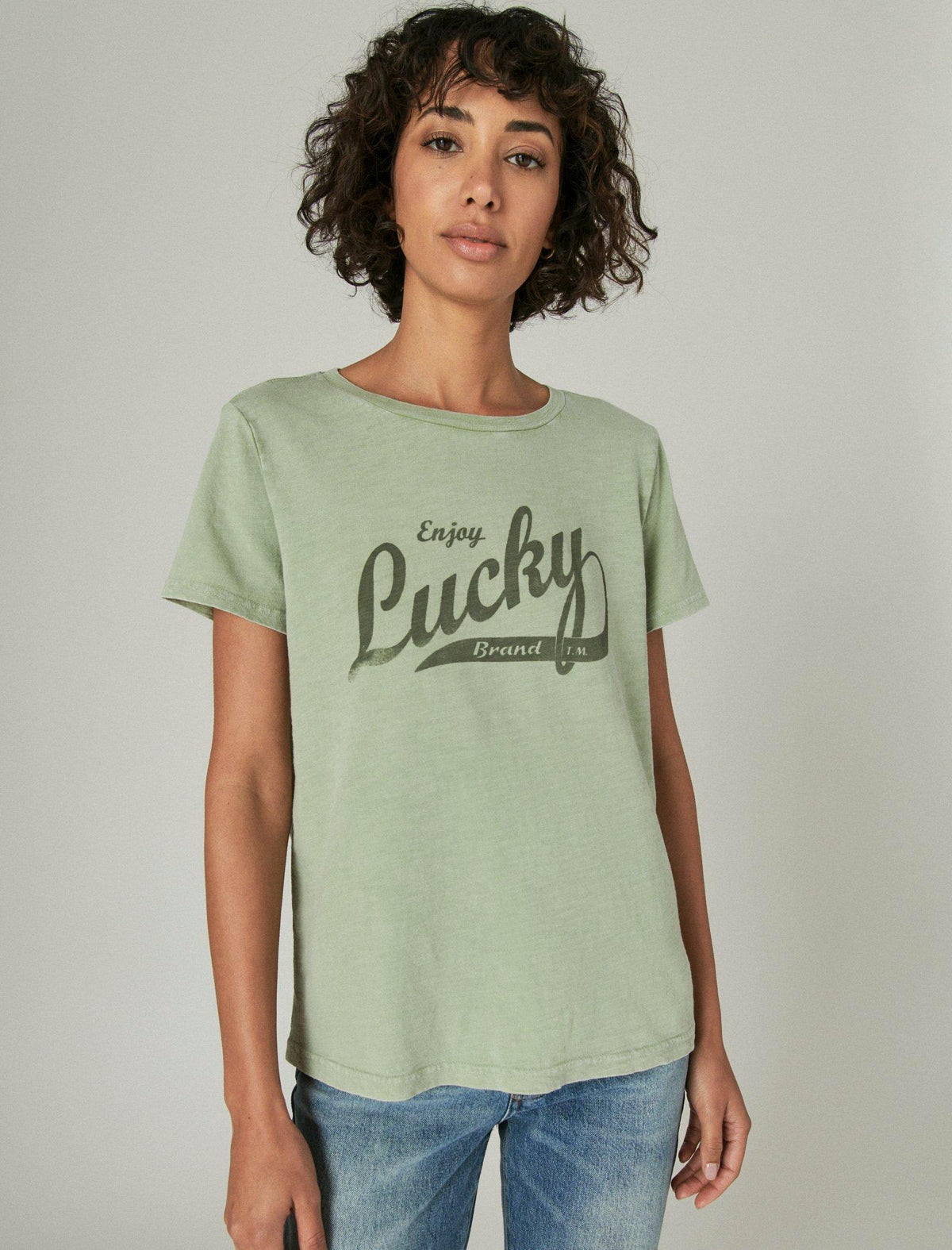 Lucky Brand Lucky Script Classic Crew - Men's Clothing Tops Crewneck T-Shirt Smoke Green
