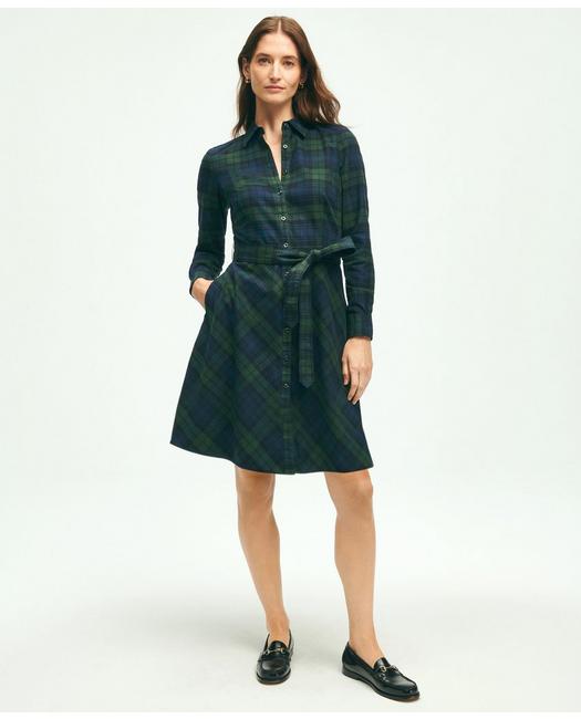 Brooks Brothers Women's Brushed Cotton Flannel A-Line Shirt Dress Navy/Green