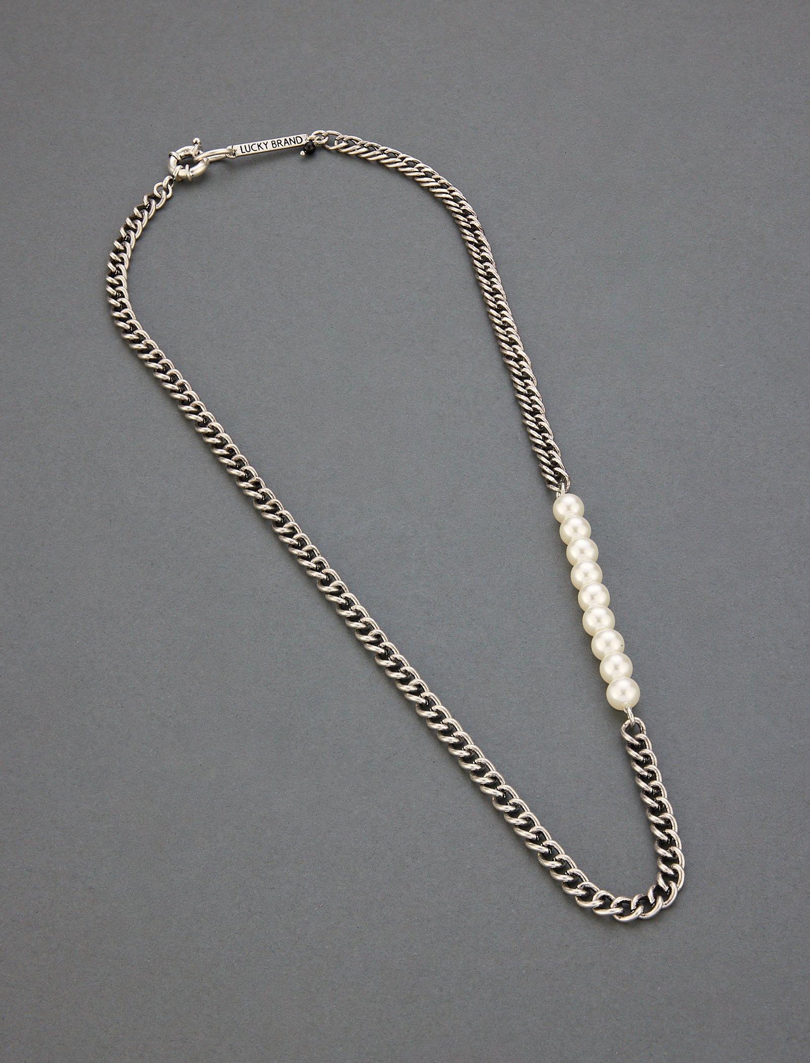 Lucky Brand Men's Pearl Chain Necklace Silver