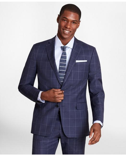 Brooks Brothers Men's Regent-Fit Windowpane Wool Twill Suit Jacket Blue