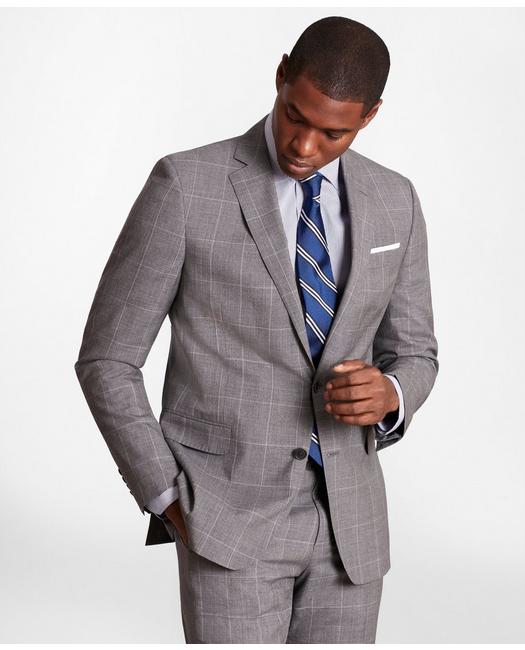 Brooks Brothers Men's Regent-Fit Windowpane Wool Suit Jacket Grey