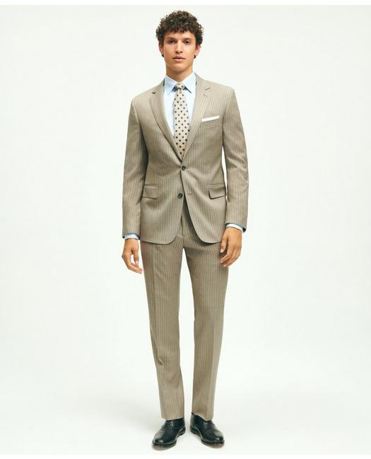 Brooks Brothers Men's Classic Fit Wool Pinstripe 1818 Suit Beige
