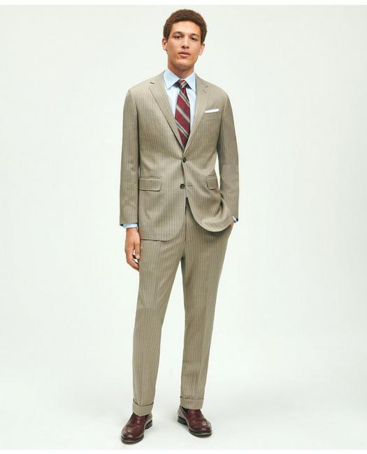 Brooks Brothers Men's Slim Fit Wool Pinstripe 1818 Suit Beige