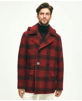 Brooks Brothers Men's Wool Hooded Buffalo Check Pea Coat Red