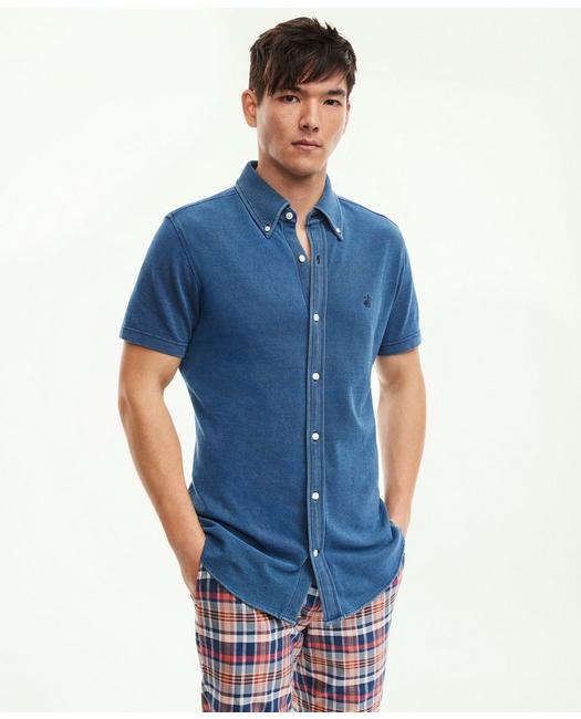 Brooks Brothers Men's Washed Cotton Pique Short-Sleeve Knit Shirt Light Blue