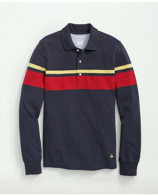 Brooks Brothers Men's Golden Fleece Stretch Supima Cotton Pique Long-Sleeve Chest Striped Polo Shirt Navy