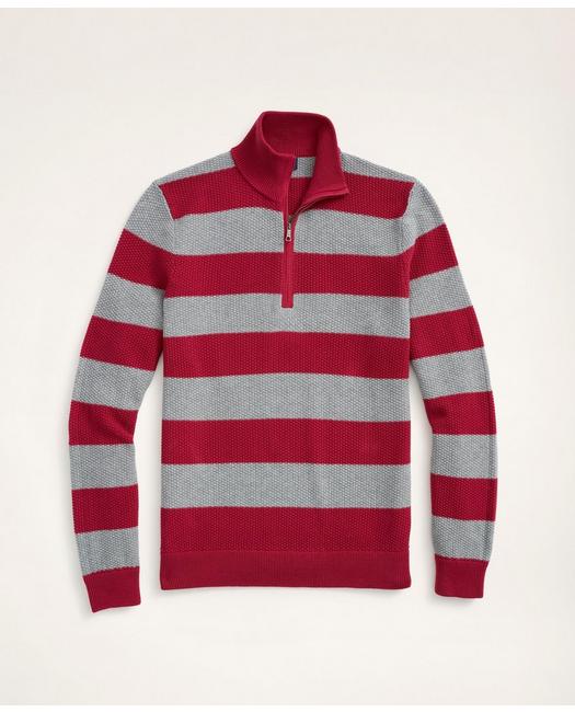 Brooks Brothers Men's Cotton Pique Rugby Stripe Half-Zip Burgundy/Grey