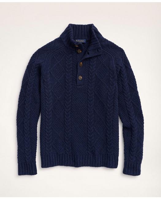 Brooks Brothers Men's Merino Wool Mock Neck Aran Cable Sweater Navy