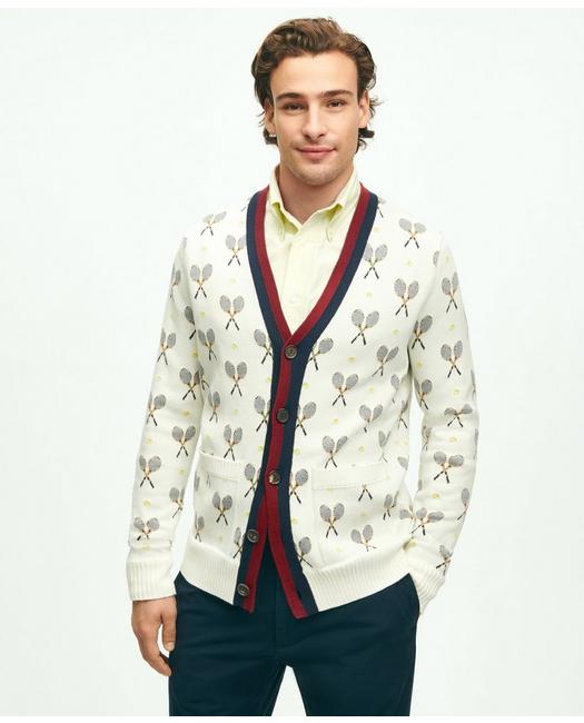 Brooks Brothers Men's Supima Cotton Racquet Jacquard Pattern Cardigan Ivory