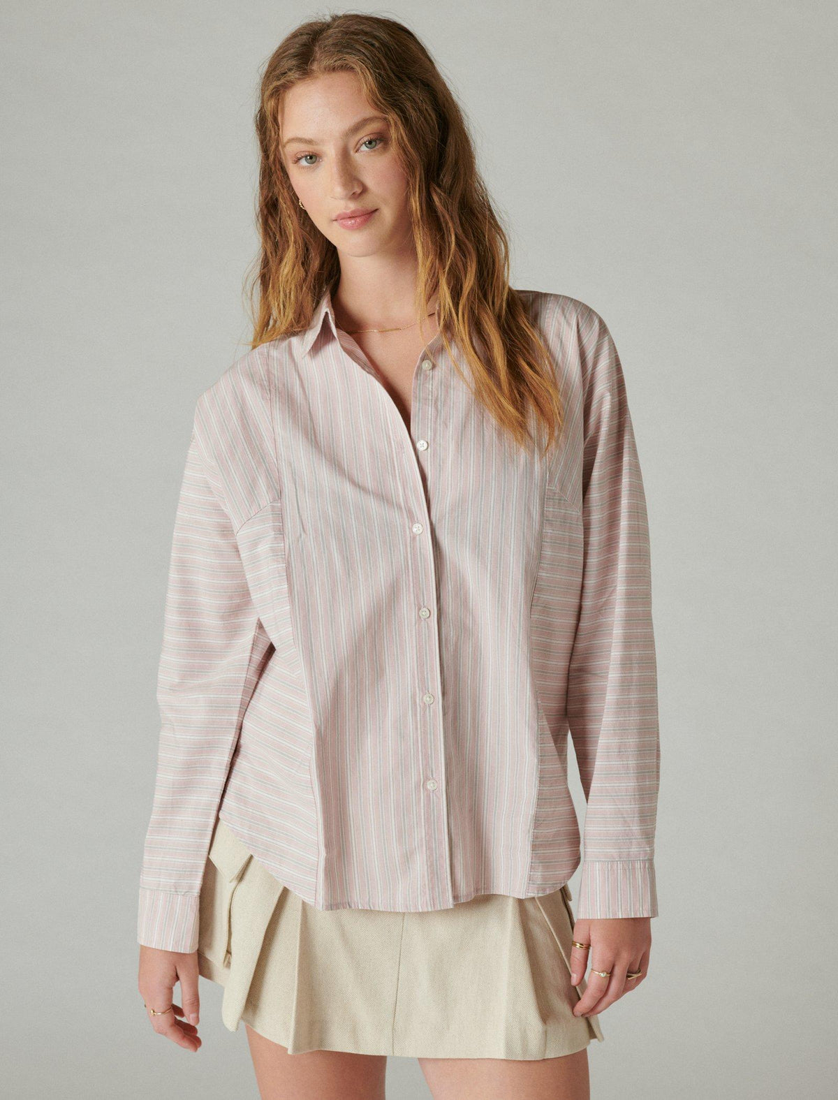 Lucky Brand Multi Stripe Oversized Seamed Shirt - Women's Clothing Button Down Tops Shirts Dawn Pink Stripe