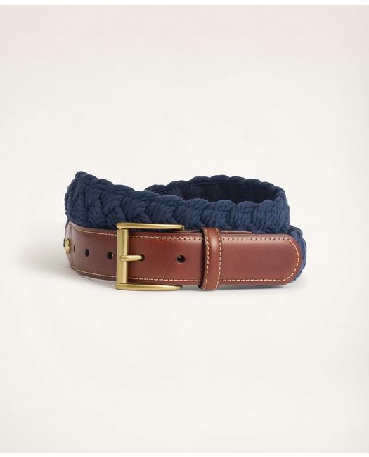 Brooks Brothers Men's Braided Cotton Leather Tab Belt Navy