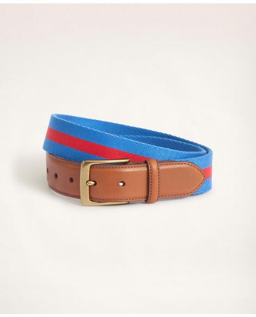 Brooks Brothers Men's Leather Tab Stripe Webbed Belt Blue