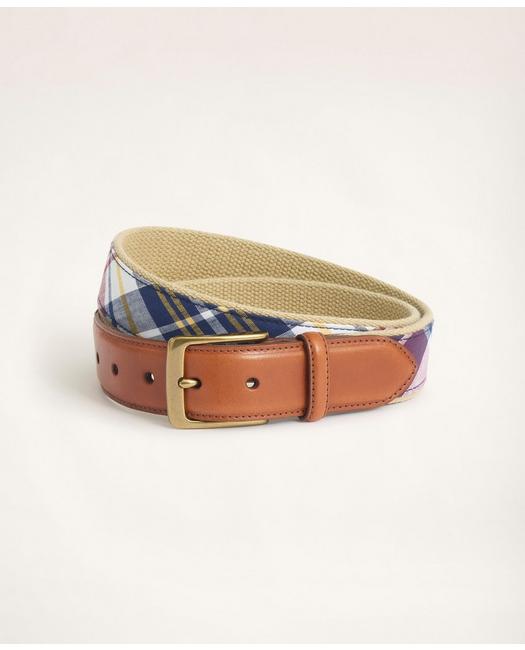 Brooks Brothers Men's Madras Leather Tab Webbed Belt Red/Navy