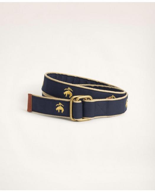 Brooks Brothers Men's Embroidered Leather Tab D-Ring Belt Navy