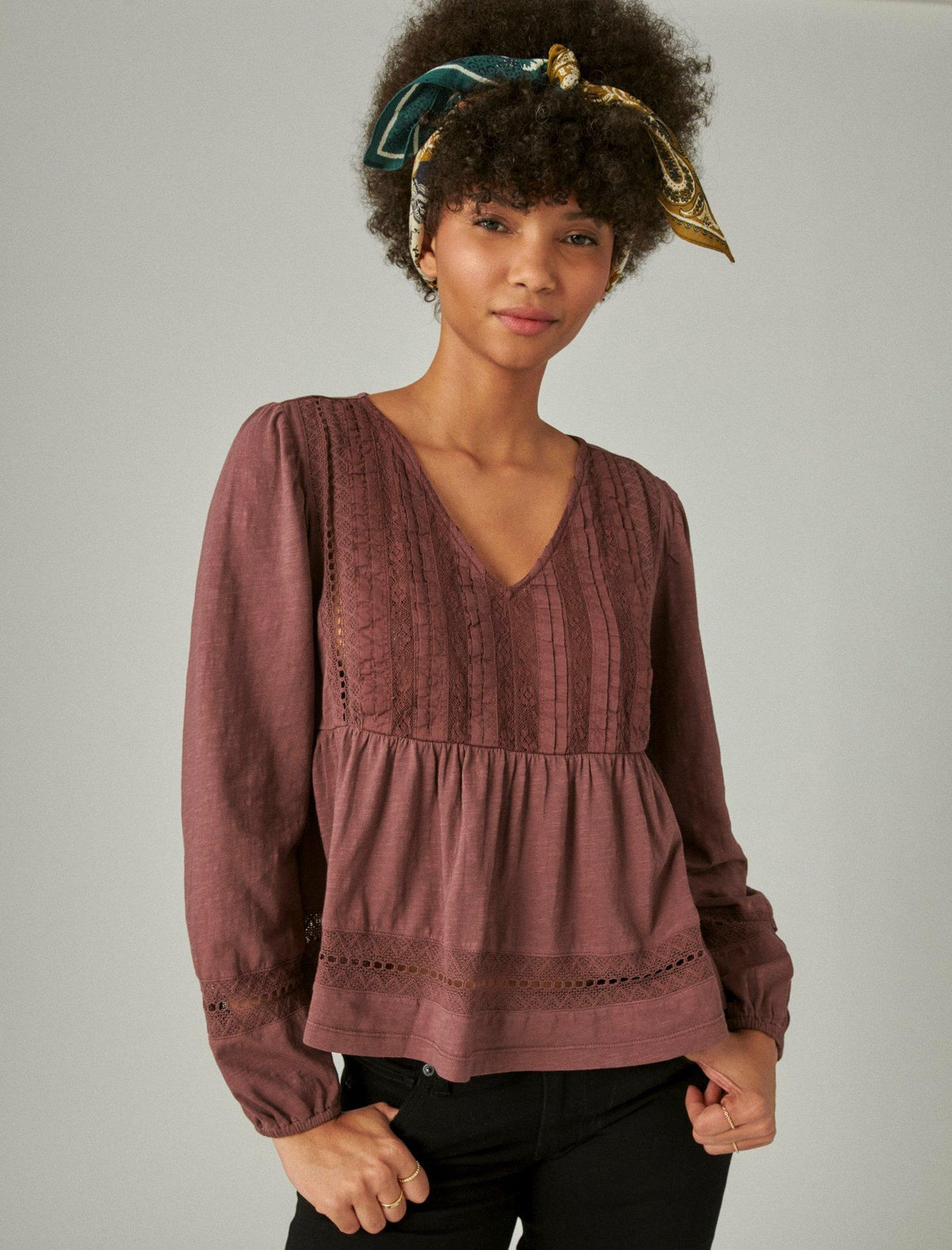 Lucky Brand Pintuck Lace Long Sleeve Top - Women's Clothing Long Sleeve Tee Shirt Tops Huckleberry