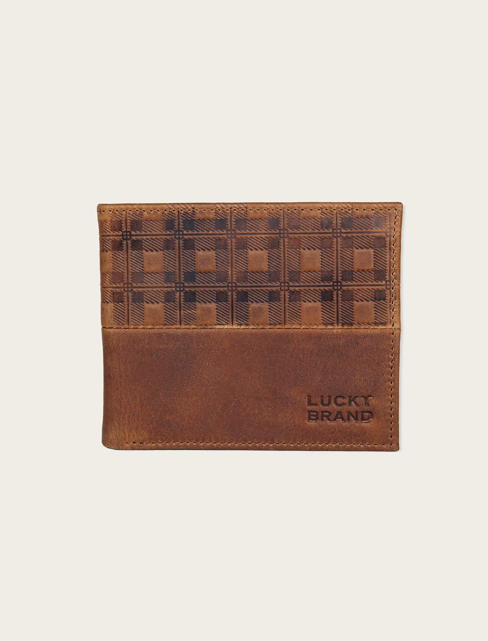 Lucky Brand Plaid Embossed Leather Bifold Wallet Dark Brown