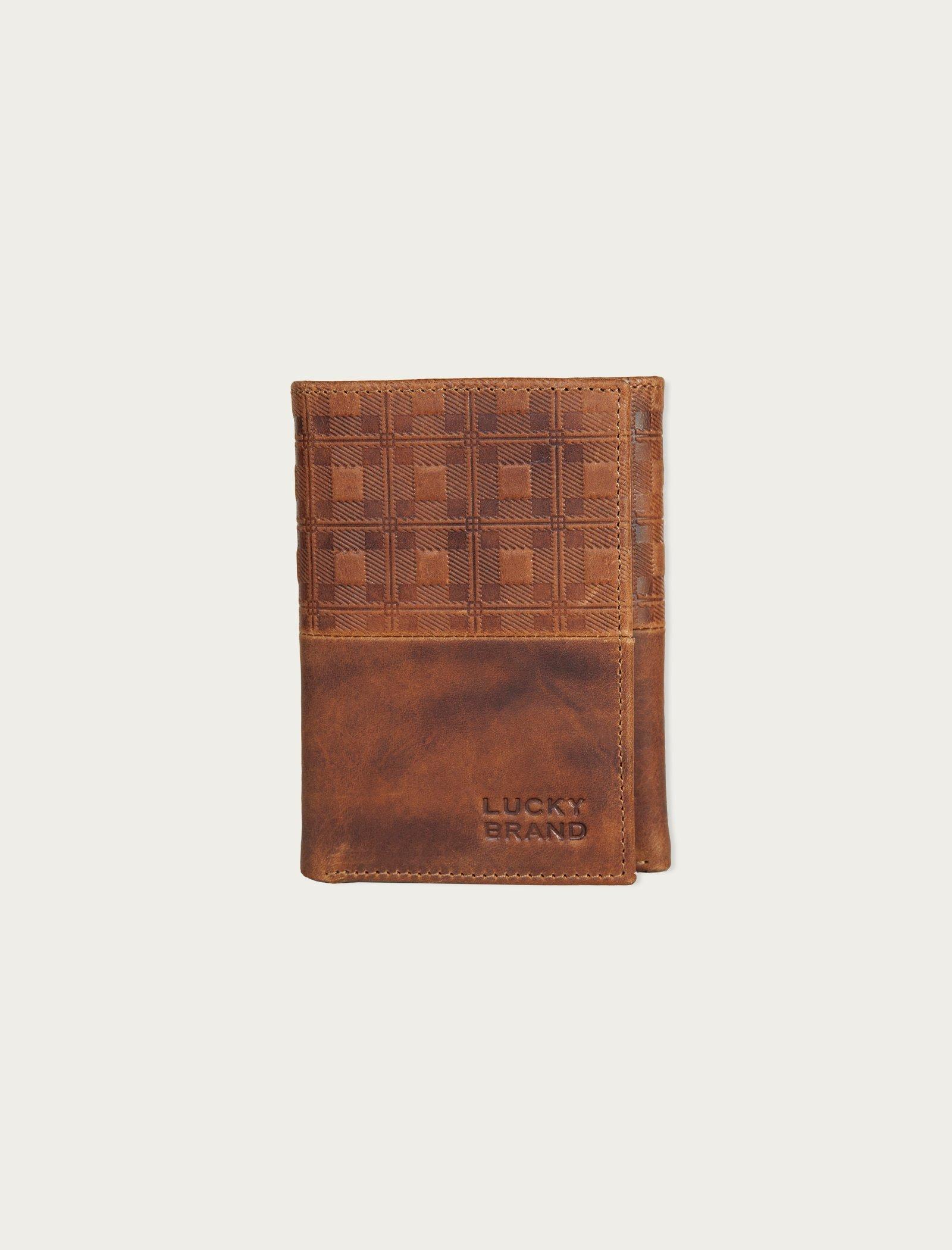 Lucky Brand Plaid Embossed Leather Card Case Dark Brown