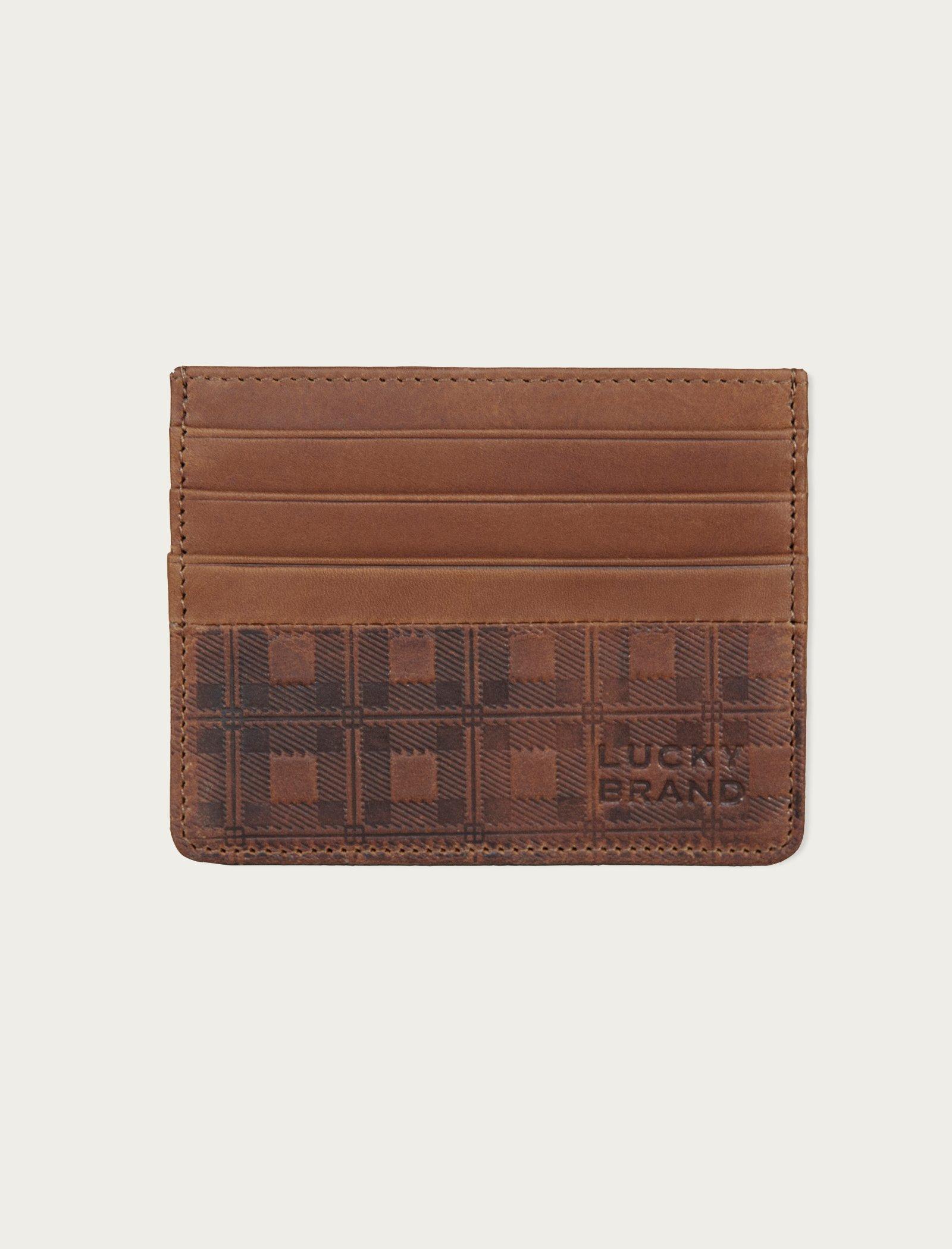 Lucky Brand Plaid Embossed Leather Trifold Wallet Dark Brown