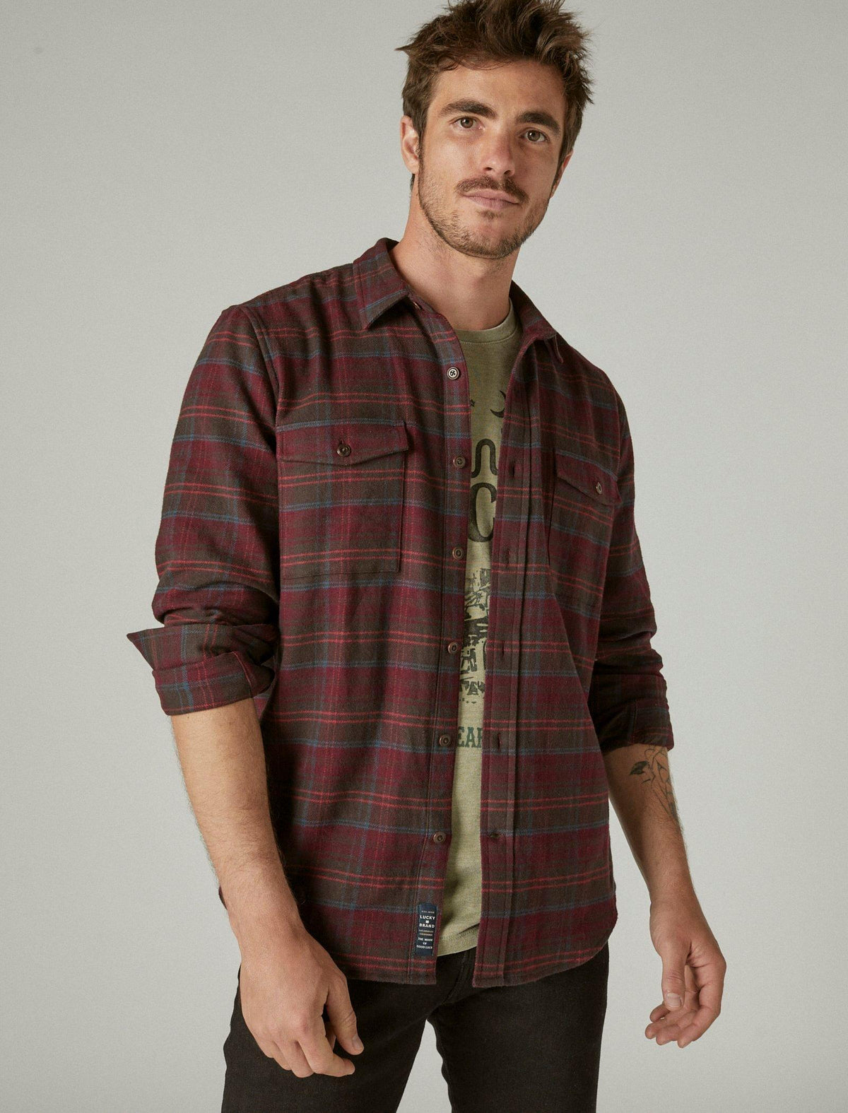 Lucky Brand Plaid Utility Cloud Flannel Burgundy