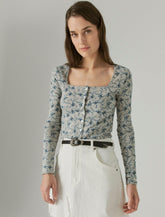 Lucky Brand Pointelle Cardigan Top Blue Floral