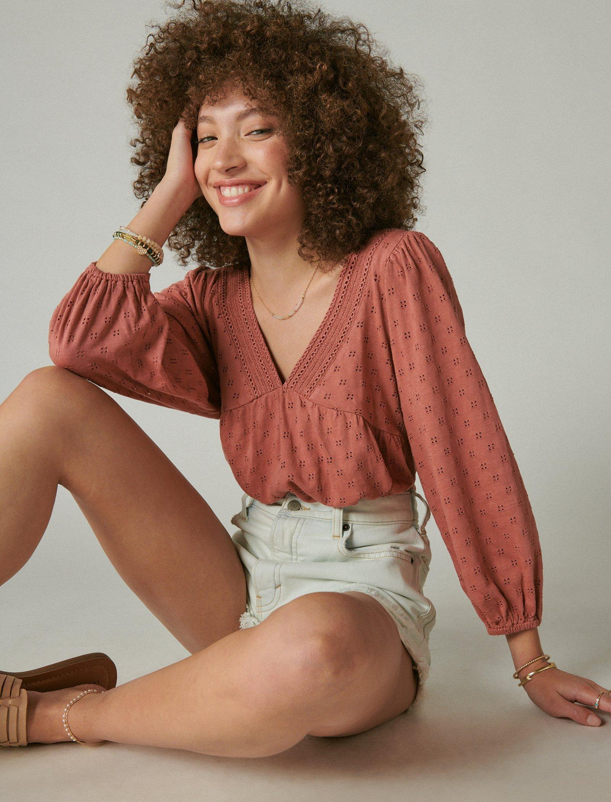 Lucky Brand Pointelle Empire Top Dusty Cedar