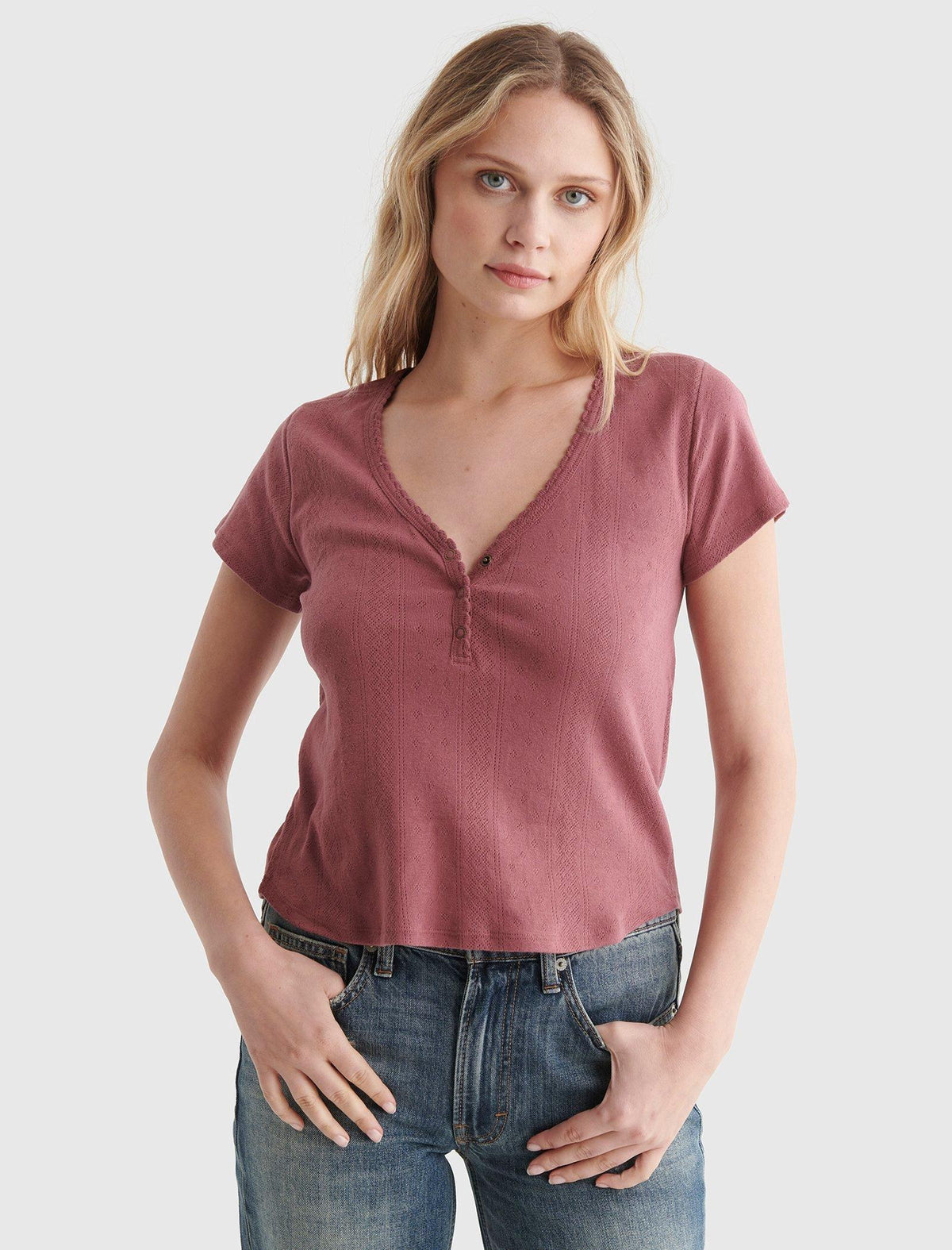 Lucky Brand Pointelle-Knit Short Sleeve Henley Crushed Berry