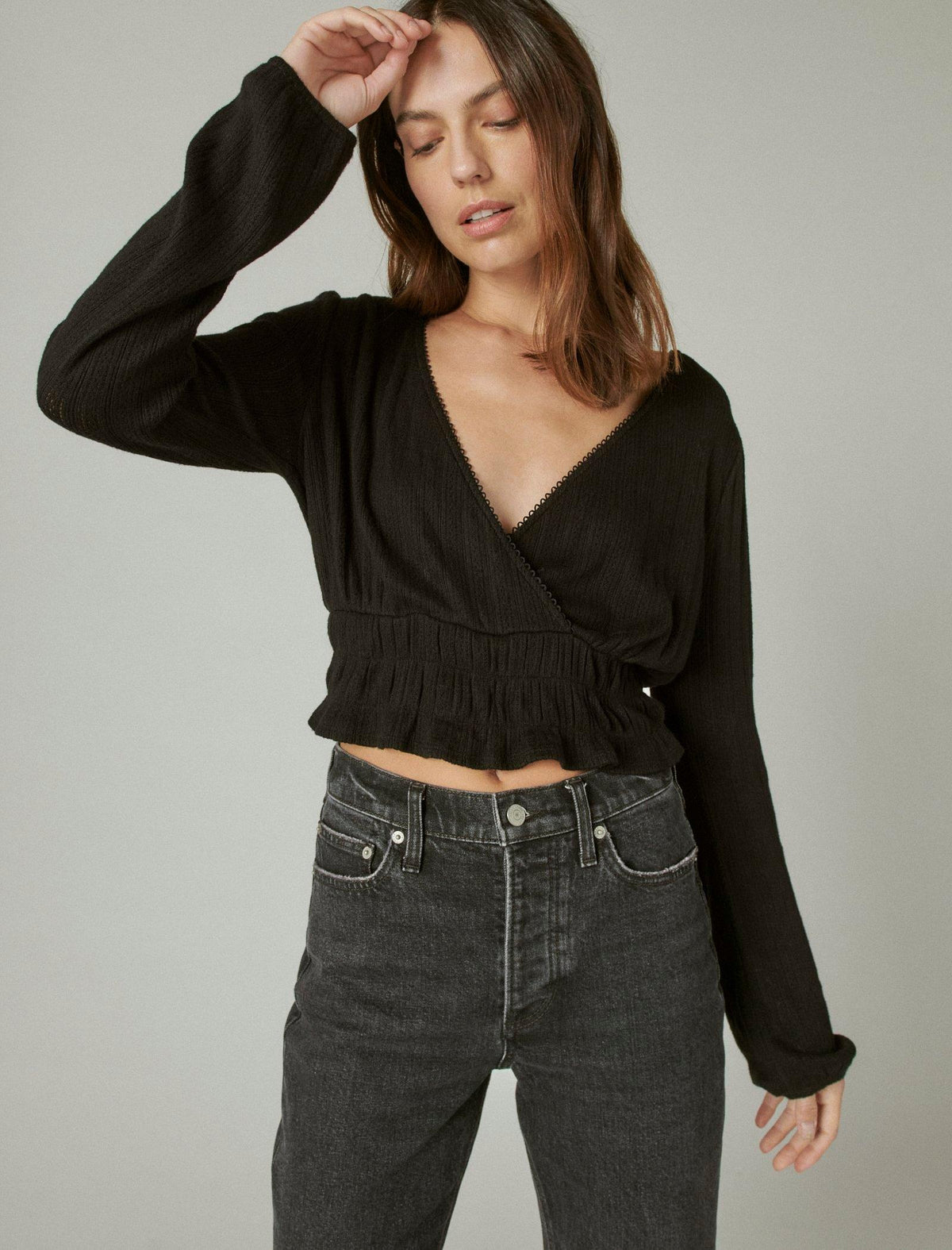 Lucky Brand Pointelle Surplice Top Jet Black