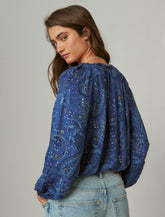 Lucky Brand Printed Bubble Hem Blouse Navy Multi