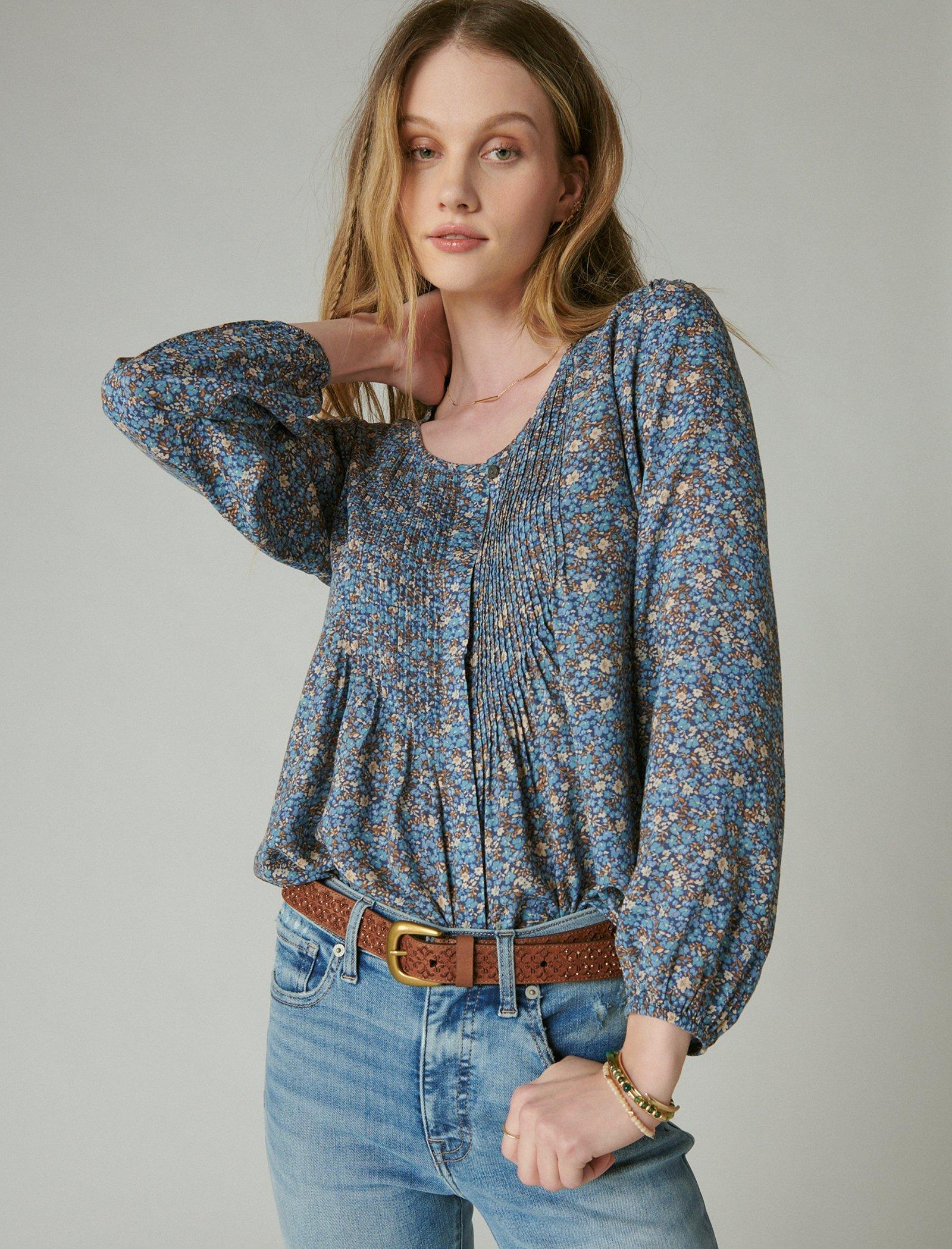 Lucky Brand Printed Button Down Pintuck Top Blue Multi