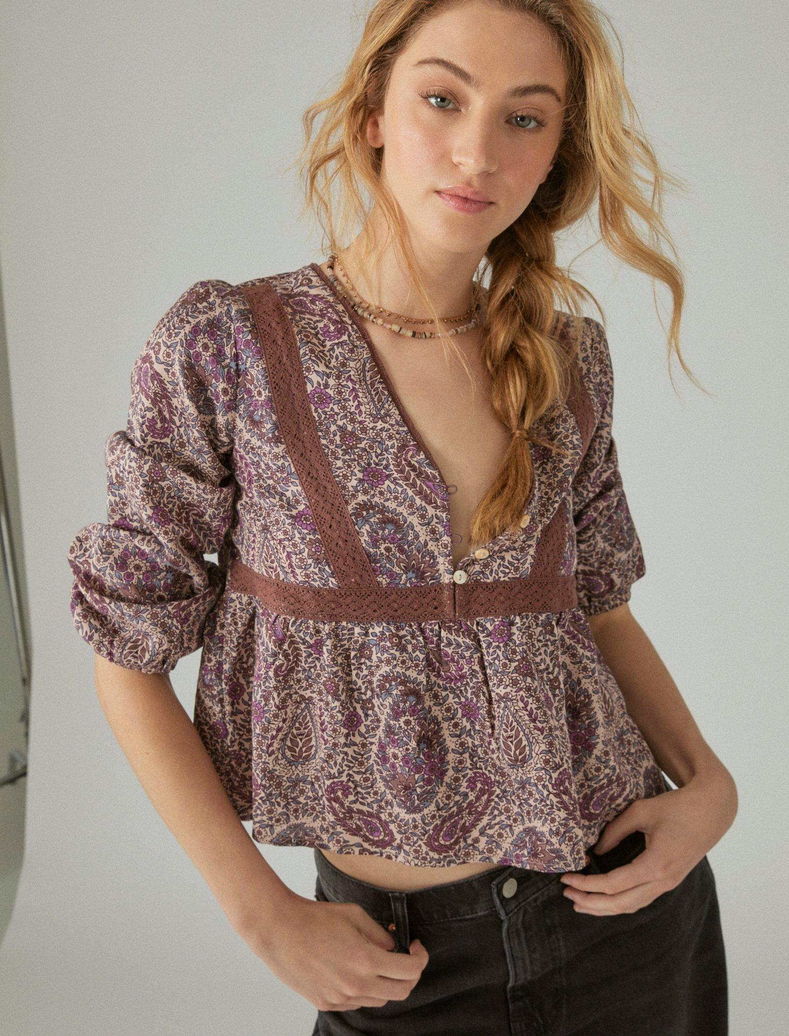 Lucky Brand Printed Lace Inset Babydoll Top Mauve Multi
