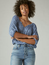 Lucky Brand Printed Peasant Top Blue Floral