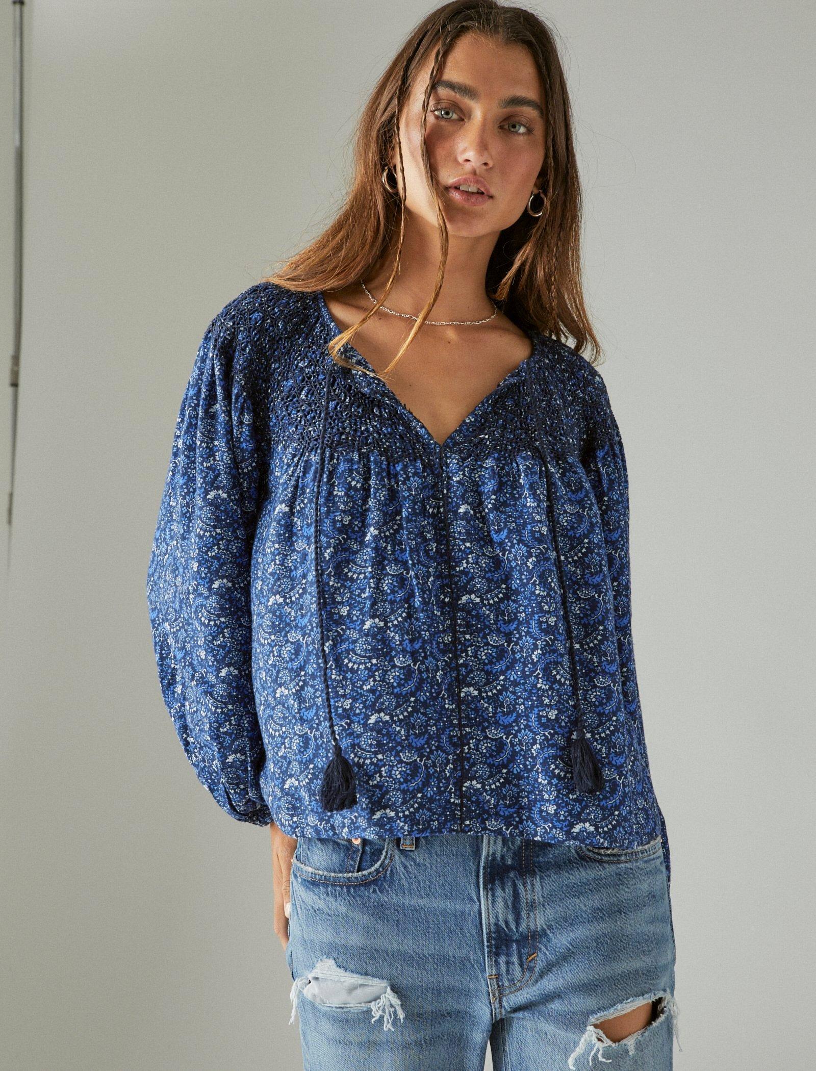 Lucky Brand Printed Smocked Peasant Blouse Indigo Multi