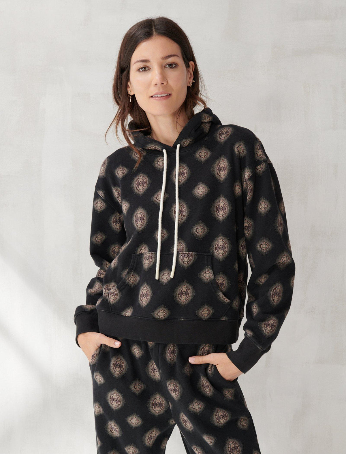 Lucky Brand Printed Sueded Terry Hoodie Black Multi