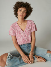 Lucky Brand Printed Surplice Top - Women's Clothing Tops Tees Shirts Pink Multi